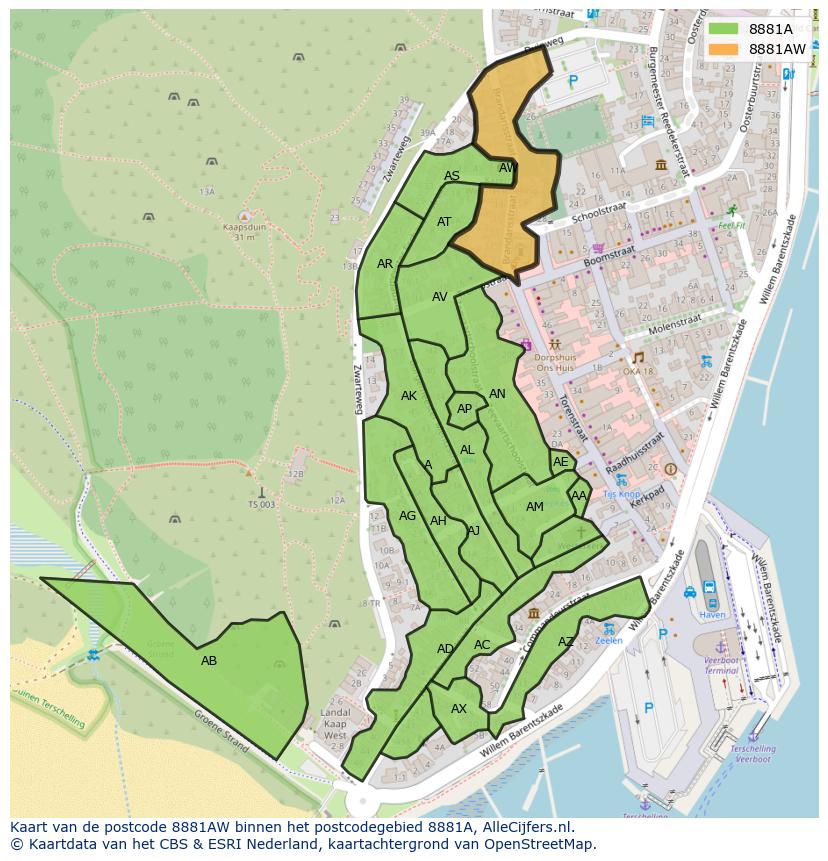 Afbeelding van het postcodegebied 8881 AW op de kaart.