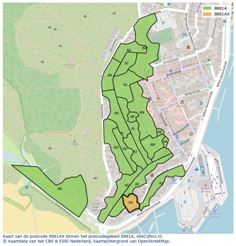 Afbeelding van het postcodegebied 8881 AX op de kaart.