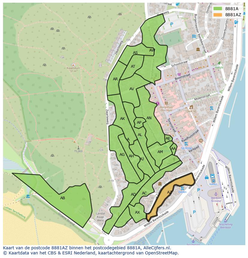 Afbeelding van het postcodegebied 8881 AZ op de kaart.