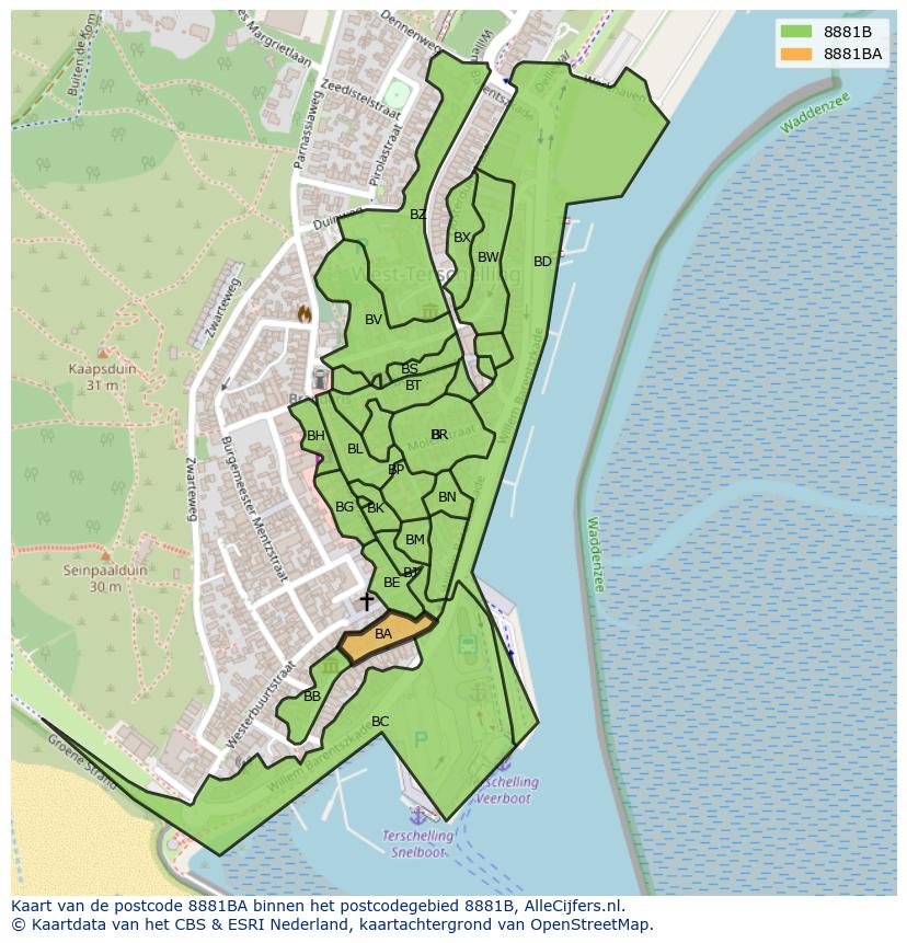 Afbeelding van het postcodegebied 8881 BA op de kaart.