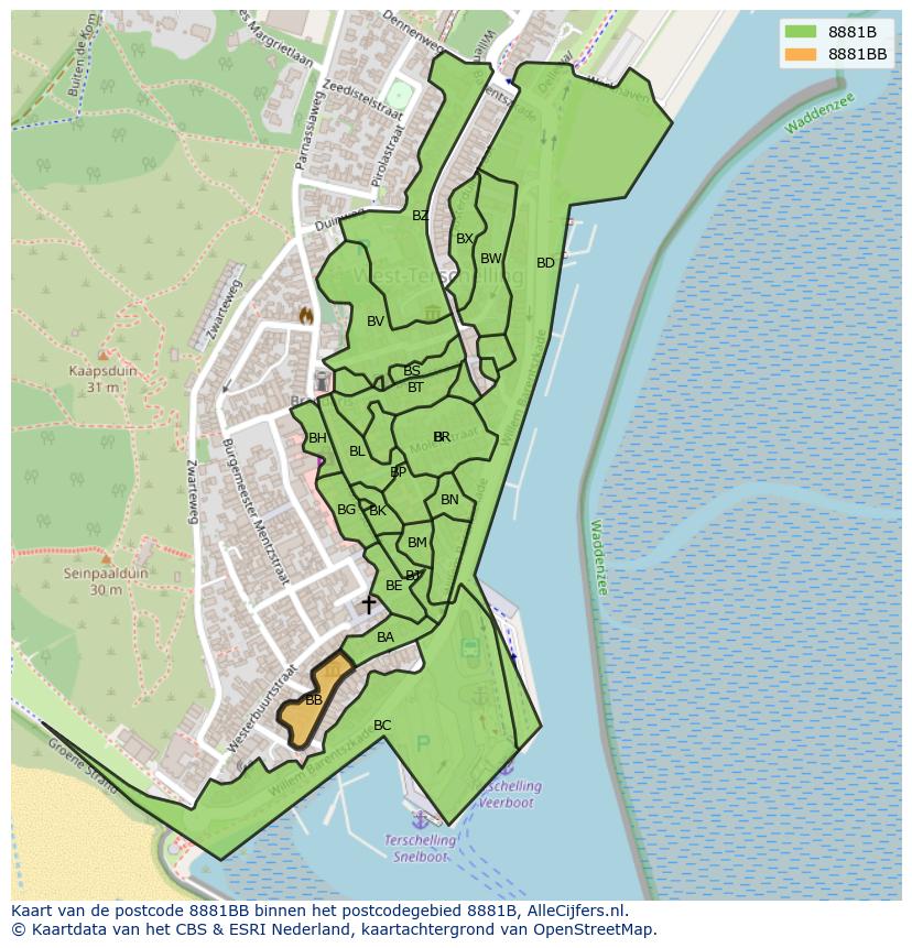 Afbeelding van het postcodegebied 8881 BB op de kaart.