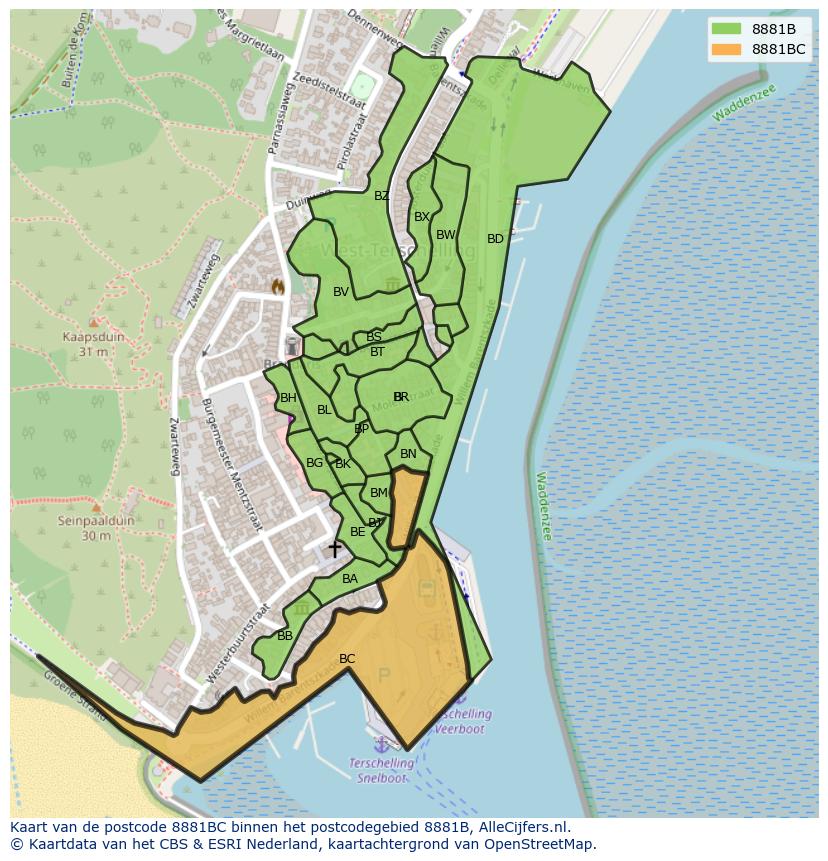 Afbeelding van het postcodegebied 8881 BC op de kaart.