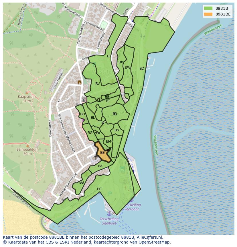 Afbeelding van het postcodegebied 8881 BE op de kaart.
