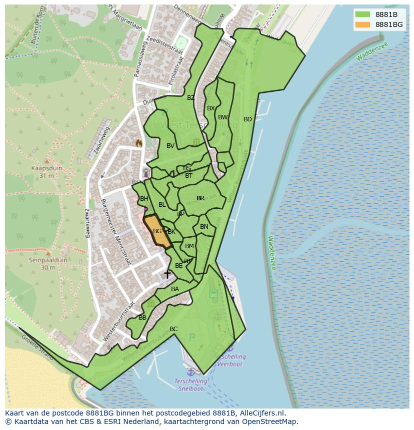 Afbeelding van het postcodegebied 8881 BG op de kaart.