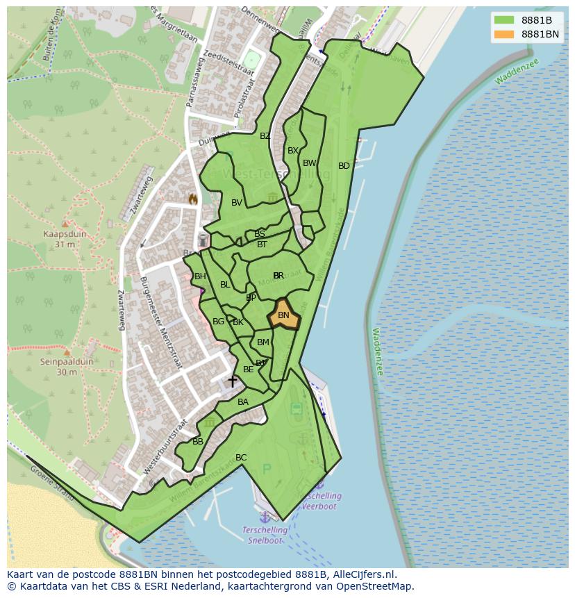Afbeelding van het postcodegebied 8881 BN op de kaart.