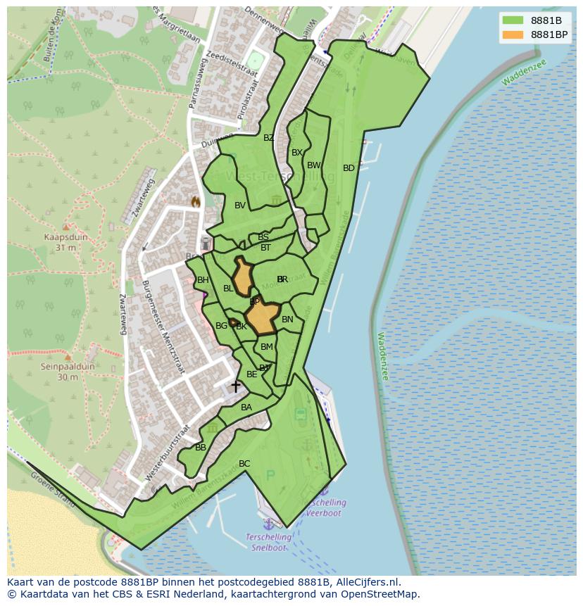 Afbeelding van het postcodegebied 8881 BP op de kaart.