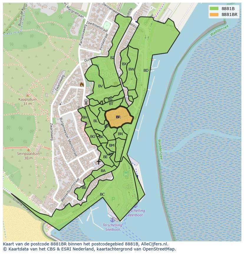 Afbeelding van het postcodegebied 8881 BR op de kaart.