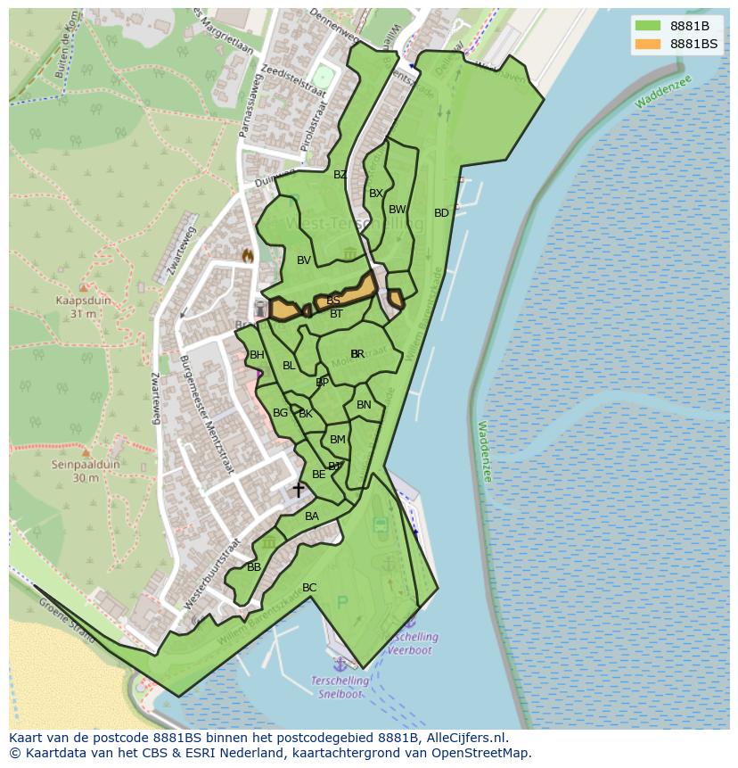Afbeelding van het postcodegebied 8881 BS op de kaart.