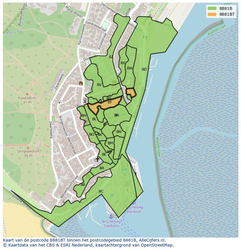 Afbeelding van het postcodegebied 8881 BT op de kaart.