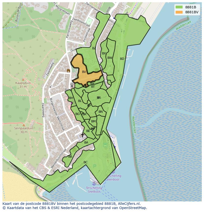 Afbeelding van het postcodegebied 8881 BV op de kaart.
