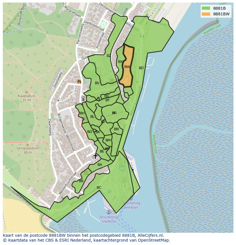 Afbeelding van het postcodegebied 8881 BW op de kaart.
