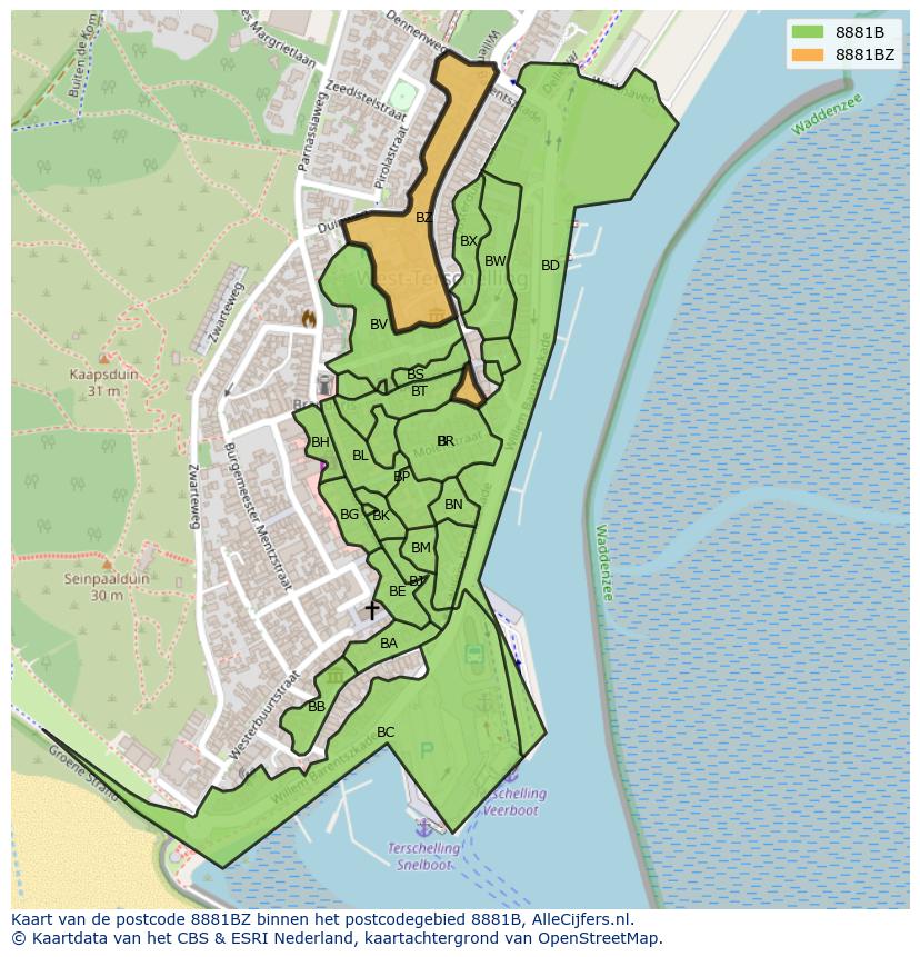Afbeelding van het postcodegebied 8881 BZ op de kaart.