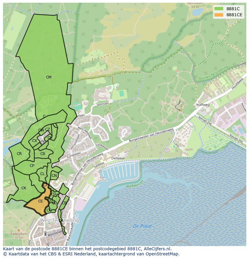 Afbeelding van het postcodegebied 8881 CE op de kaart.