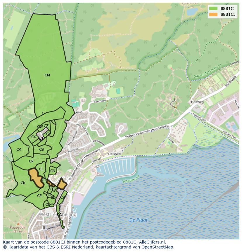 Afbeelding van het postcodegebied 8881 CJ op de kaart.