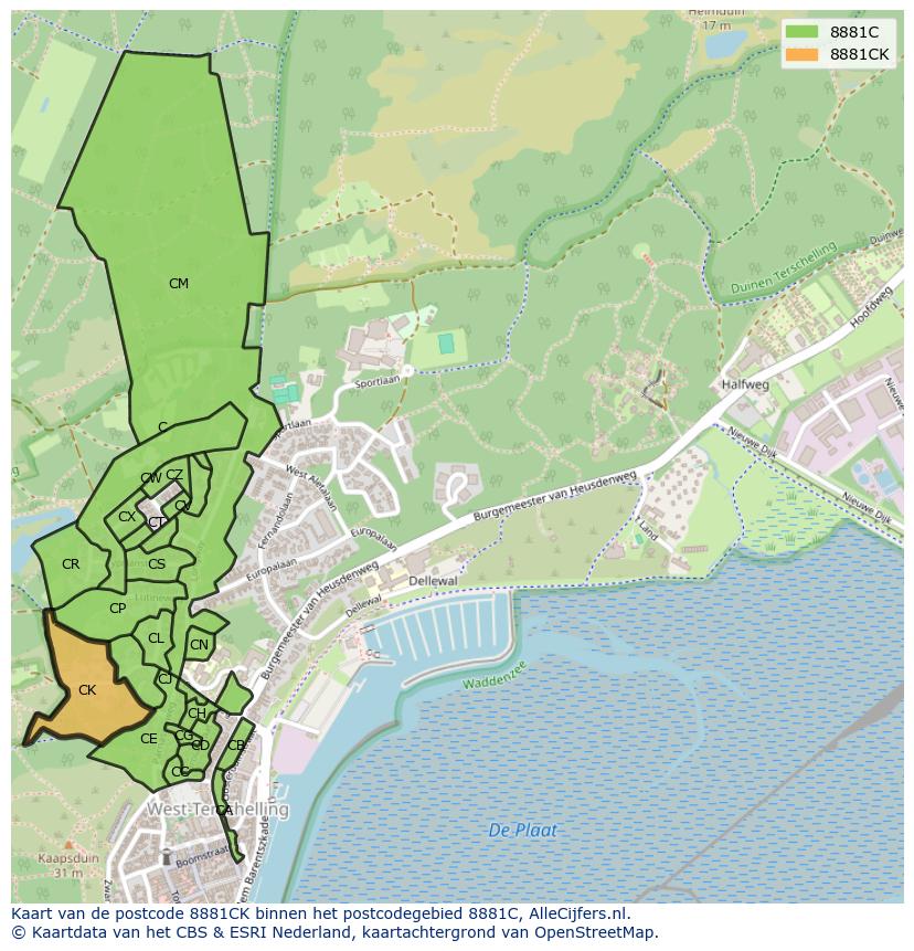 Afbeelding van het postcodegebied 8881 CK op de kaart.