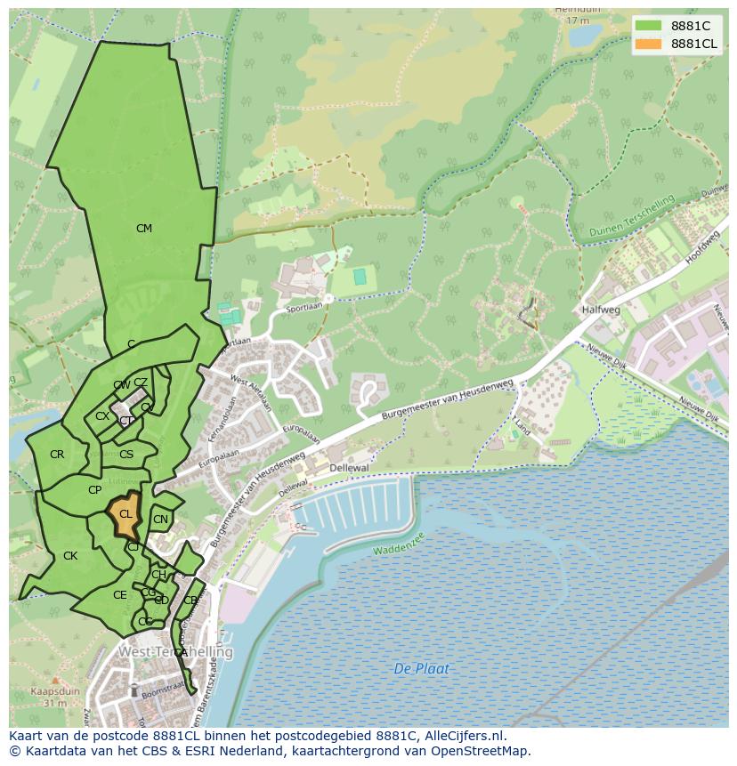 Afbeelding van het postcodegebied 8881 CL op de kaart.
