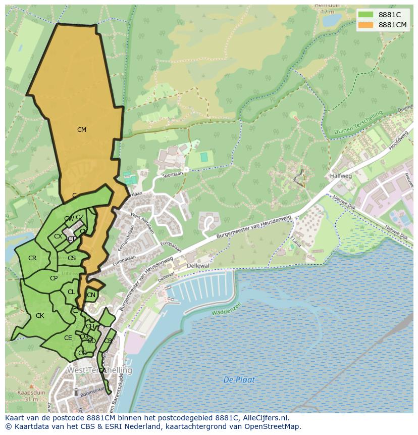 Afbeelding van het postcodegebied 8881 CM op de kaart.