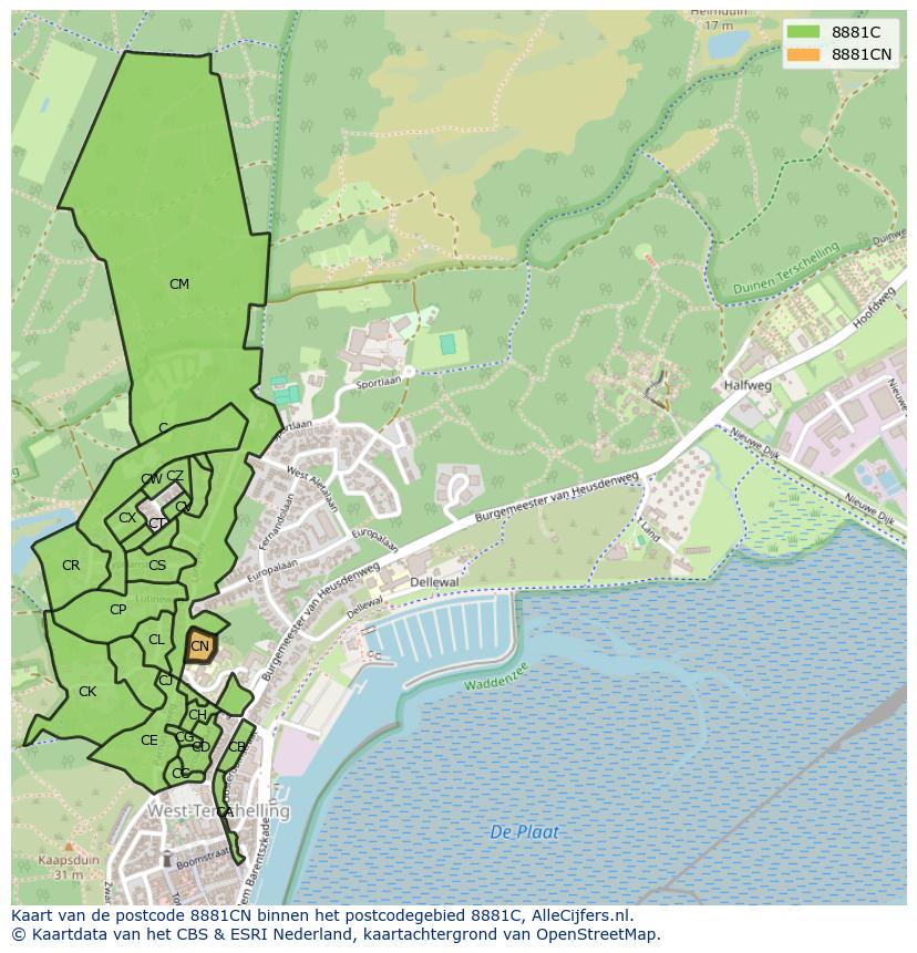 Afbeelding van het postcodegebied 8881 CN op de kaart.