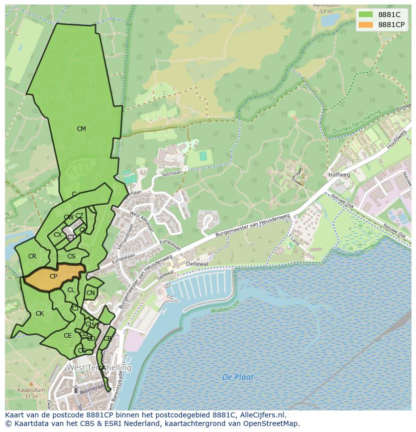 Afbeelding van het postcodegebied 8881 CP op de kaart.
