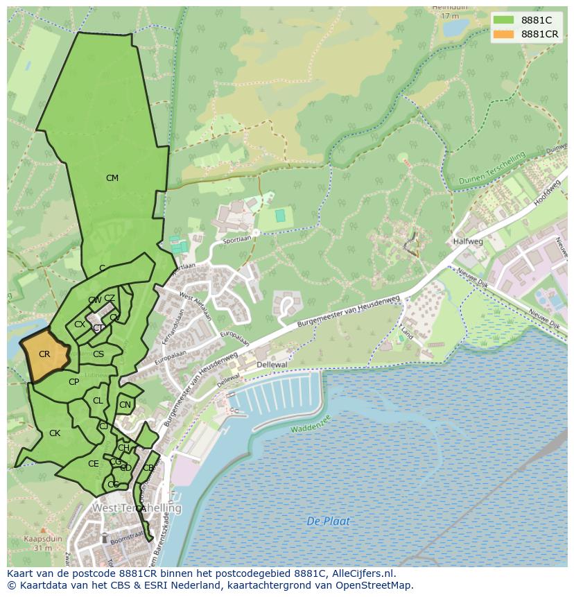 Afbeelding van het postcodegebied 8881 CR op de kaart.