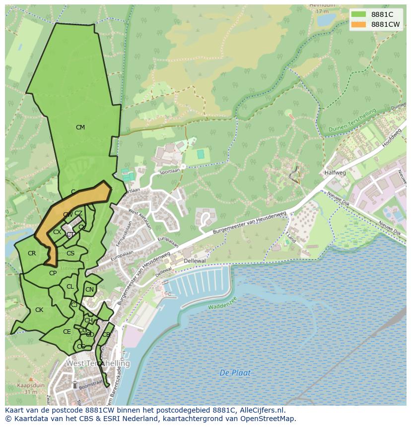 Afbeelding van het postcodegebied 8881 CW op de kaart.