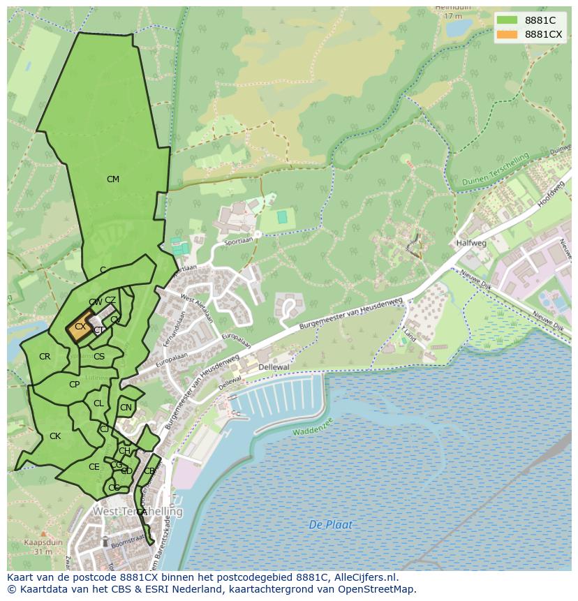 Afbeelding van het postcodegebied 8881 CX op de kaart.