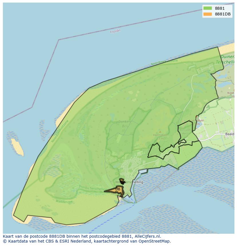 Afbeelding van het postcodegebied 8881 DB op de kaart.