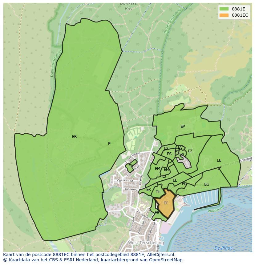 Afbeelding van het postcodegebied 8881 EC op de kaart.