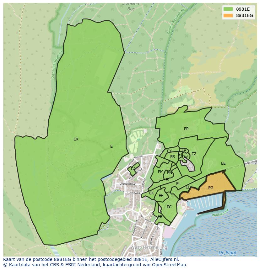 Afbeelding van het postcodegebied 8881 EG op de kaart.