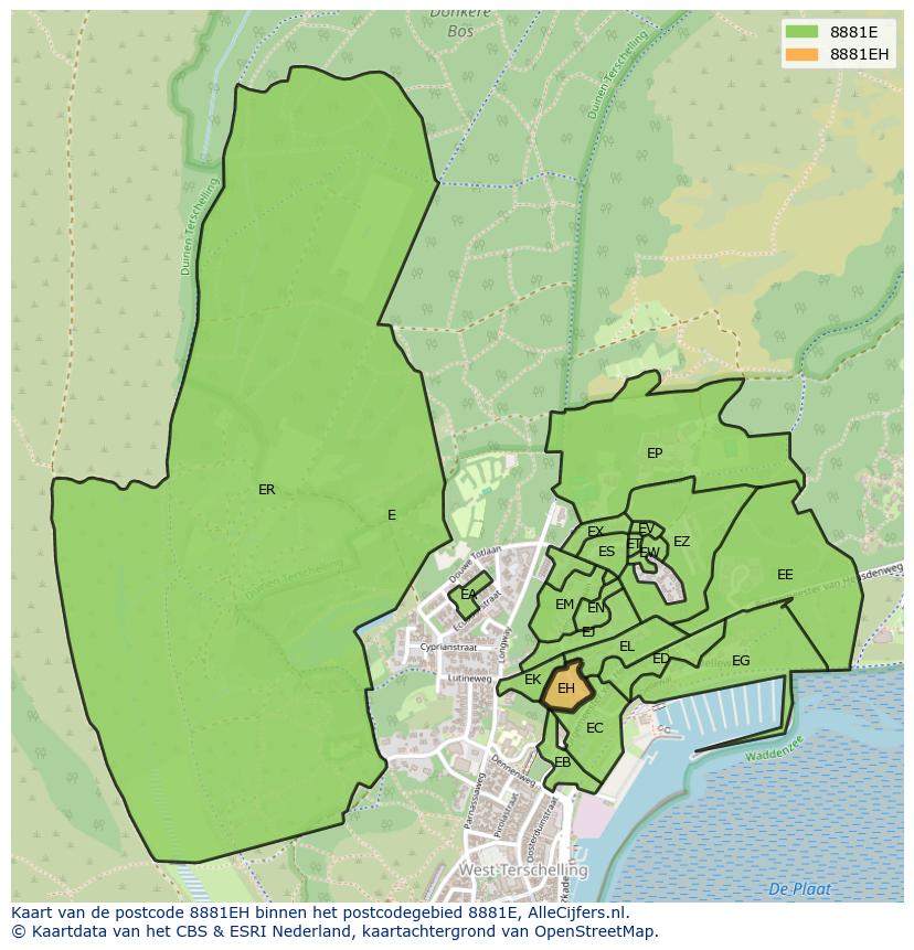 Afbeelding van het postcodegebied 8881 EH op de kaart.
