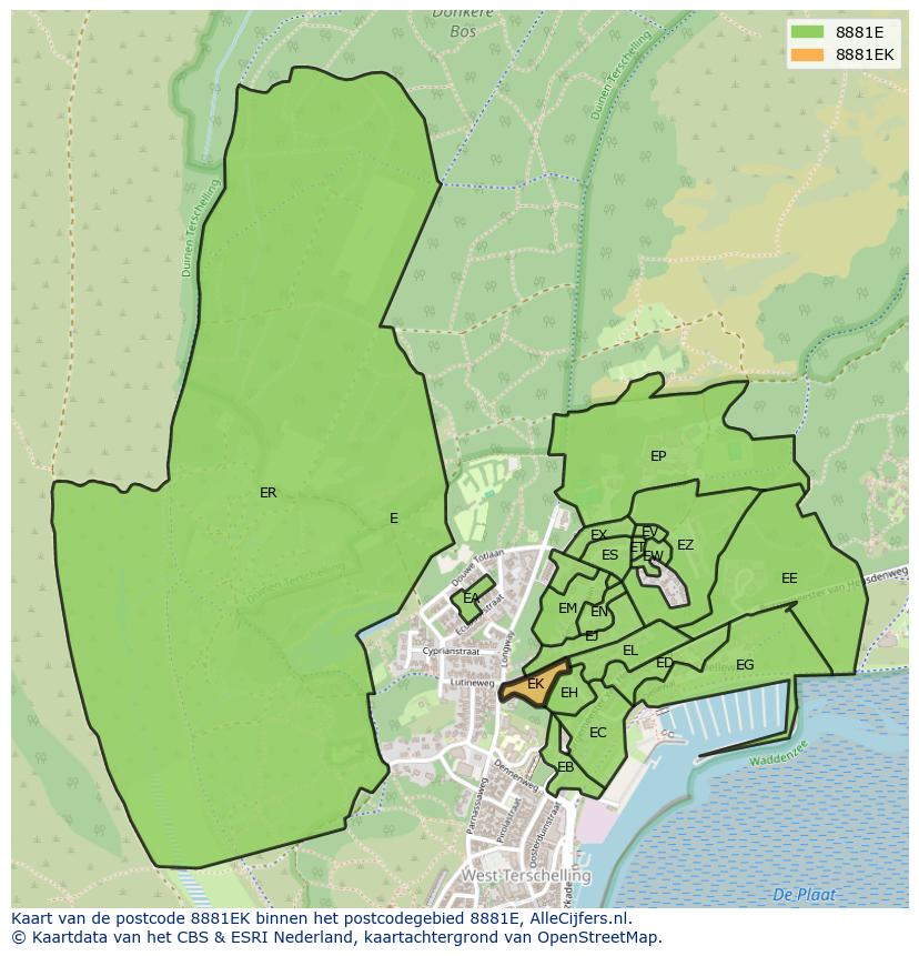 Afbeelding van het postcodegebied 8881 EK op de kaart.