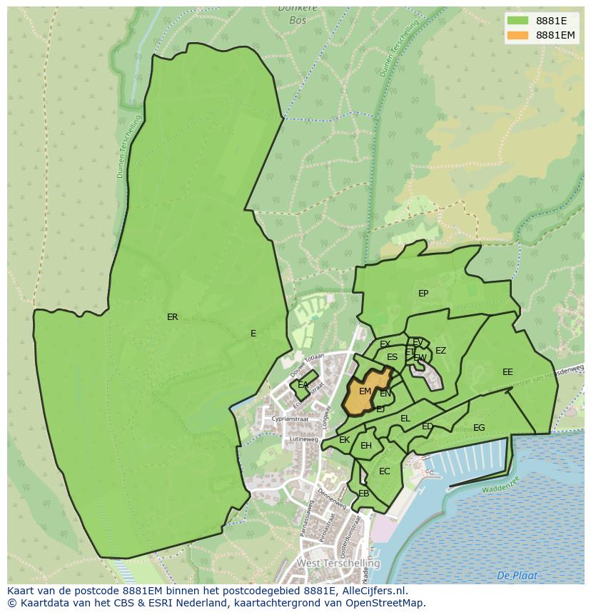 Afbeelding van het postcodegebied 8881 EM op de kaart.
