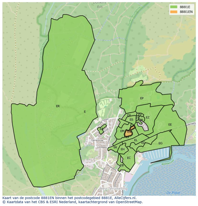 Afbeelding van het postcodegebied 8881 EN op de kaart.