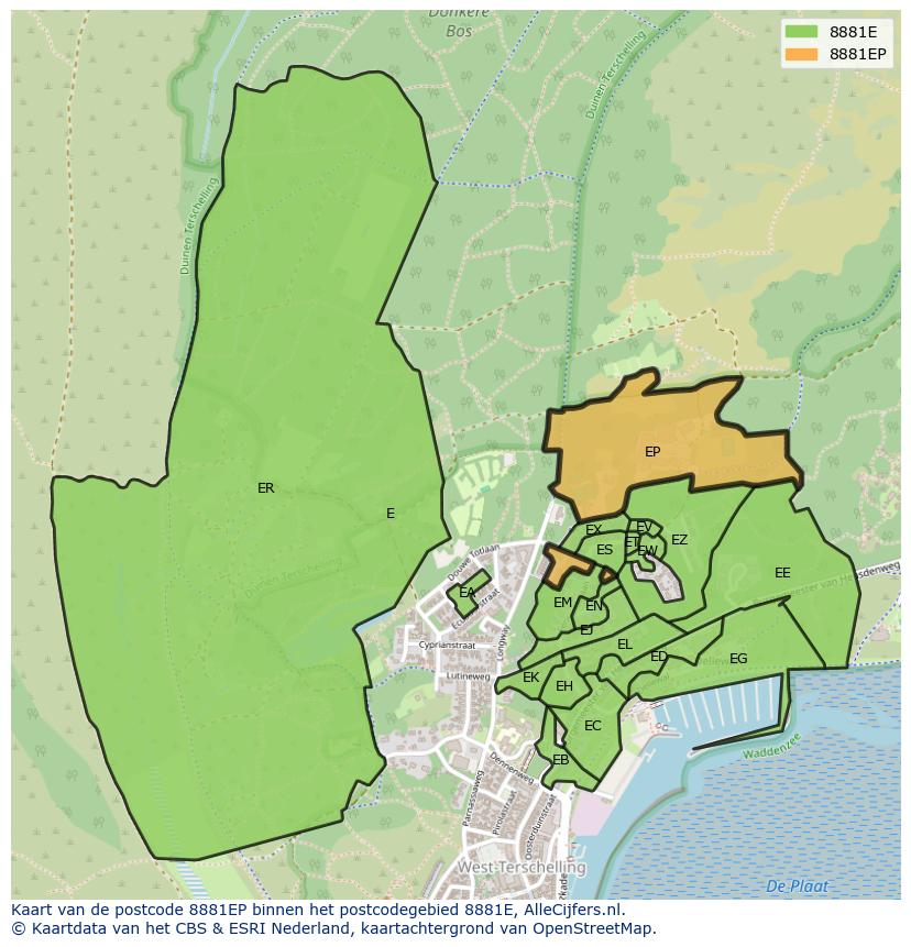 Afbeelding van het postcodegebied 8881 EP op de kaart.