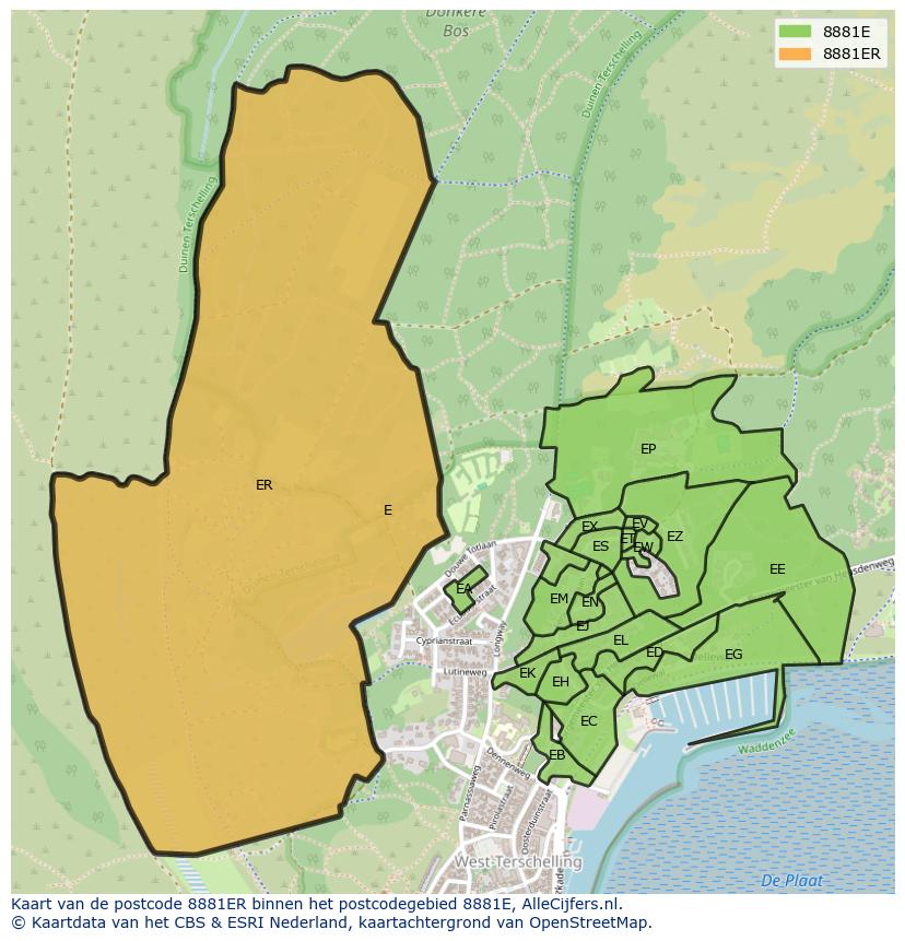 Afbeelding van het postcodegebied 8881 ER op de kaart.