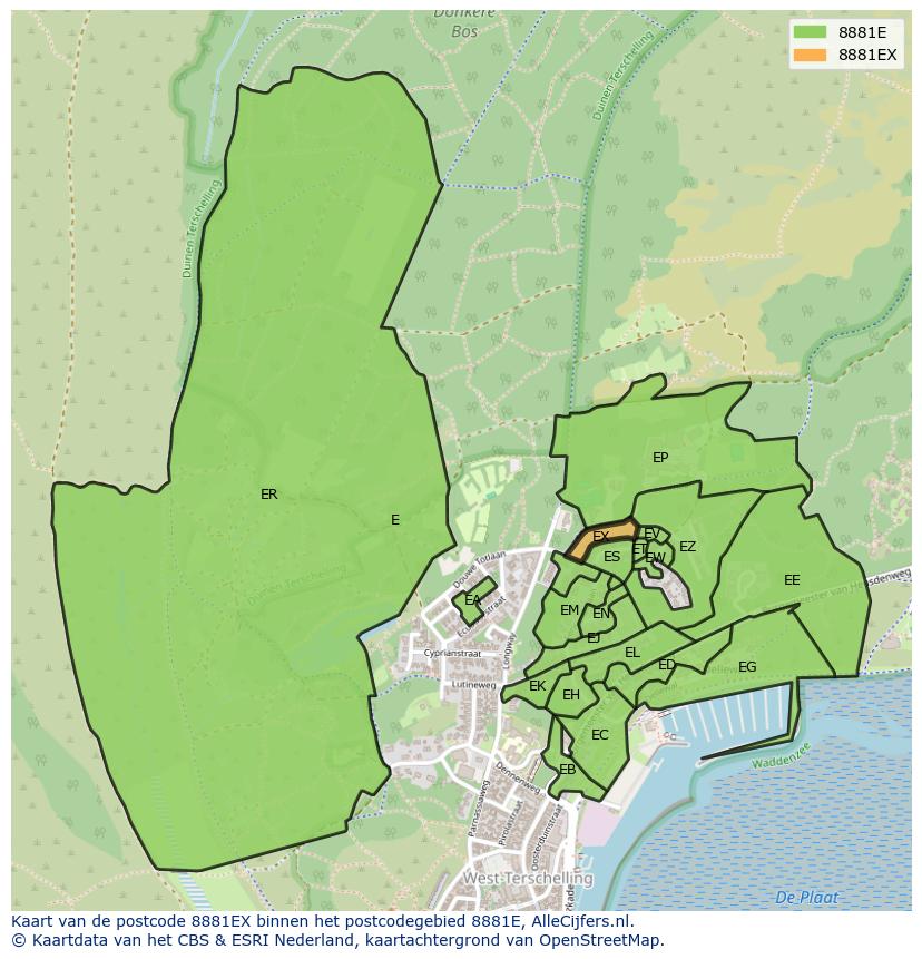 Afbeelding van het postcodegebied 8881 EX op de kaart.
