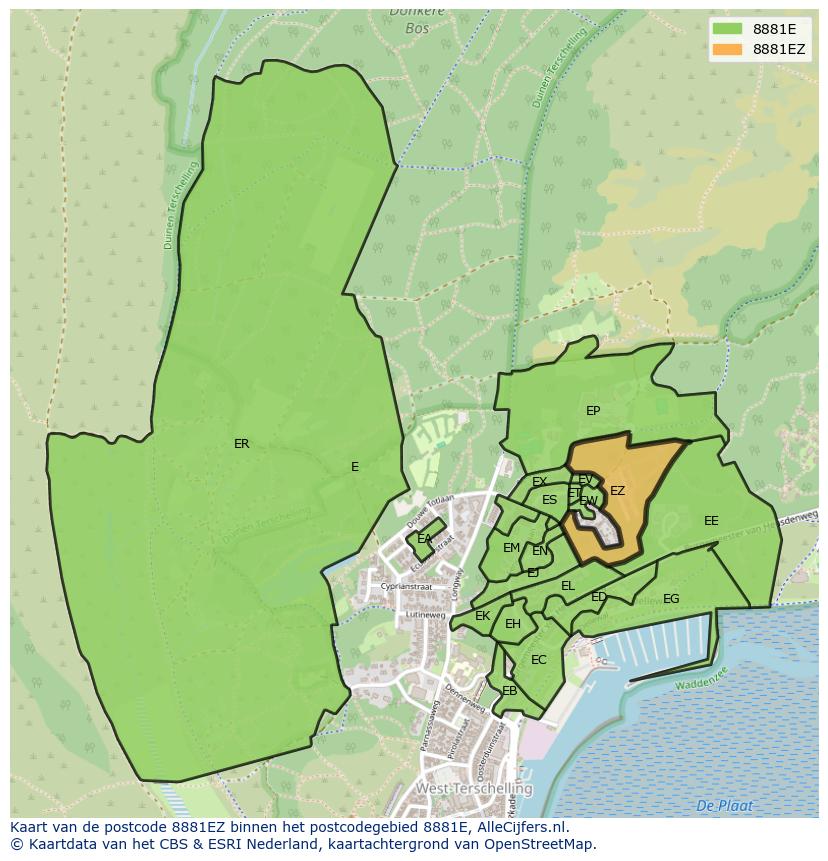 Afbeelding van het postcodegebied 8881 EZ op de kaart.