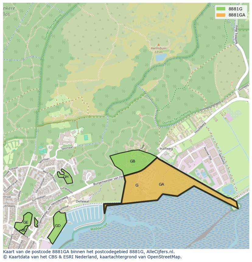 Afbeelding van het postcodegebied 8881 GA op de kaart.