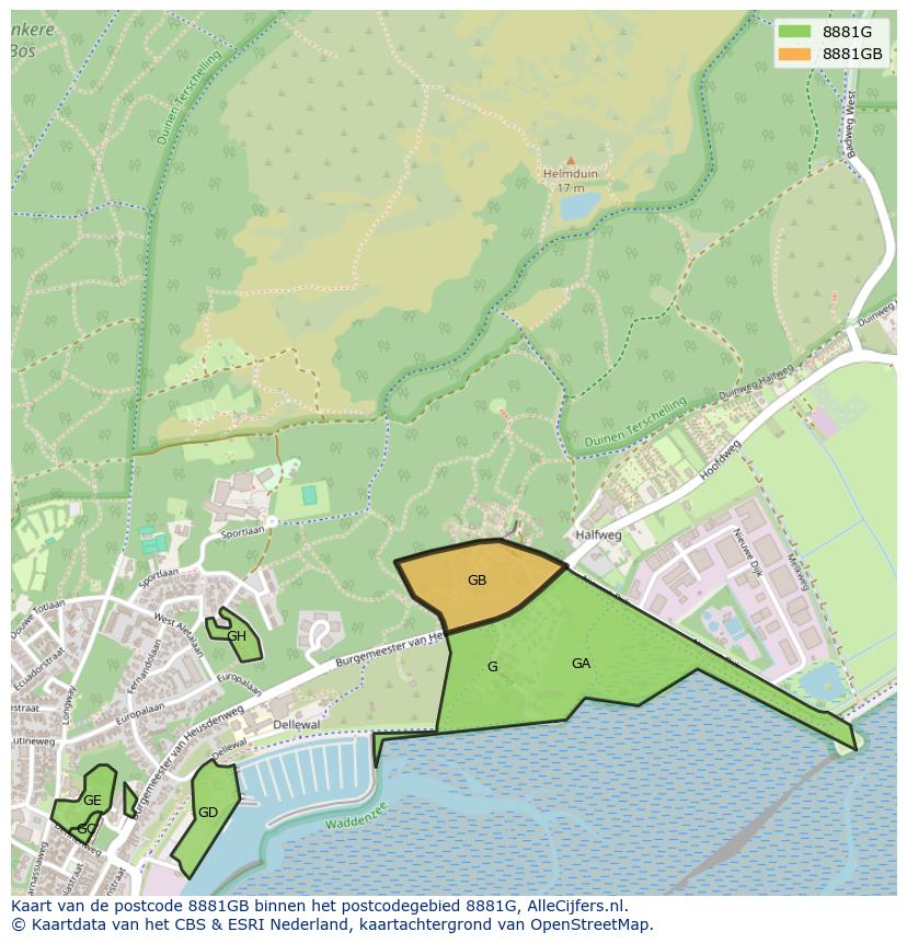 Afbeelding van het postcodegebied 8881 GB op de kaart.