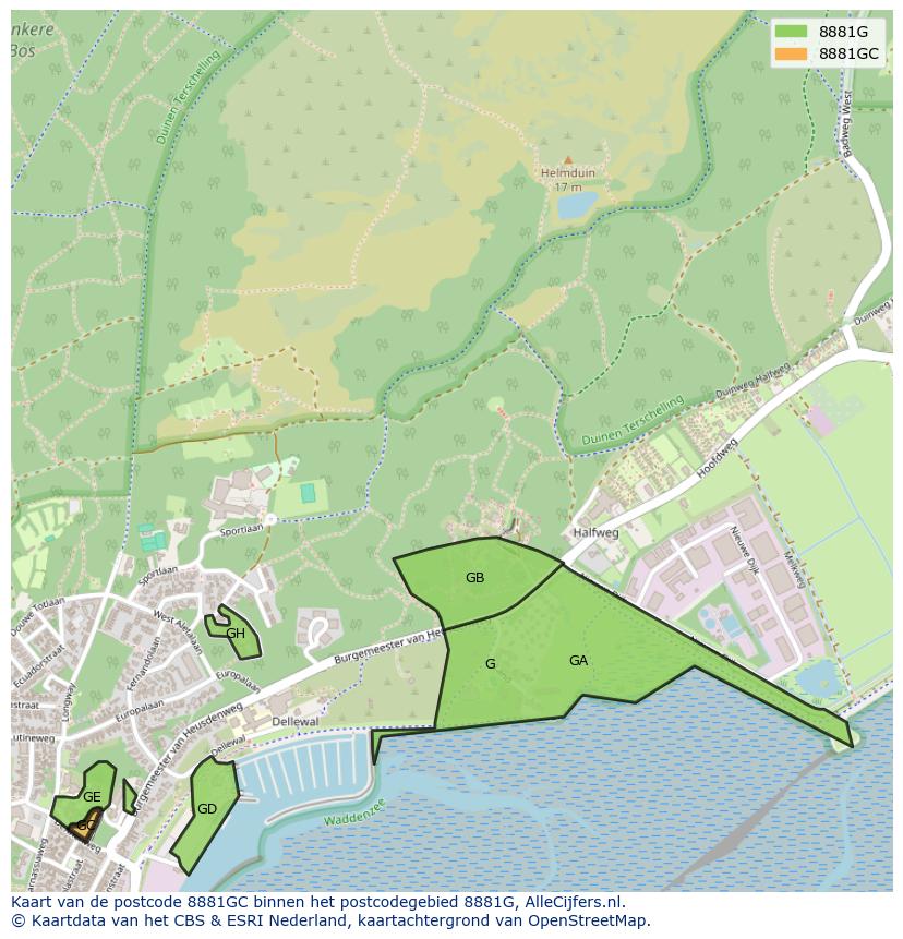 Afbeelding van het postcodegebied 8881 GC op de kaart.