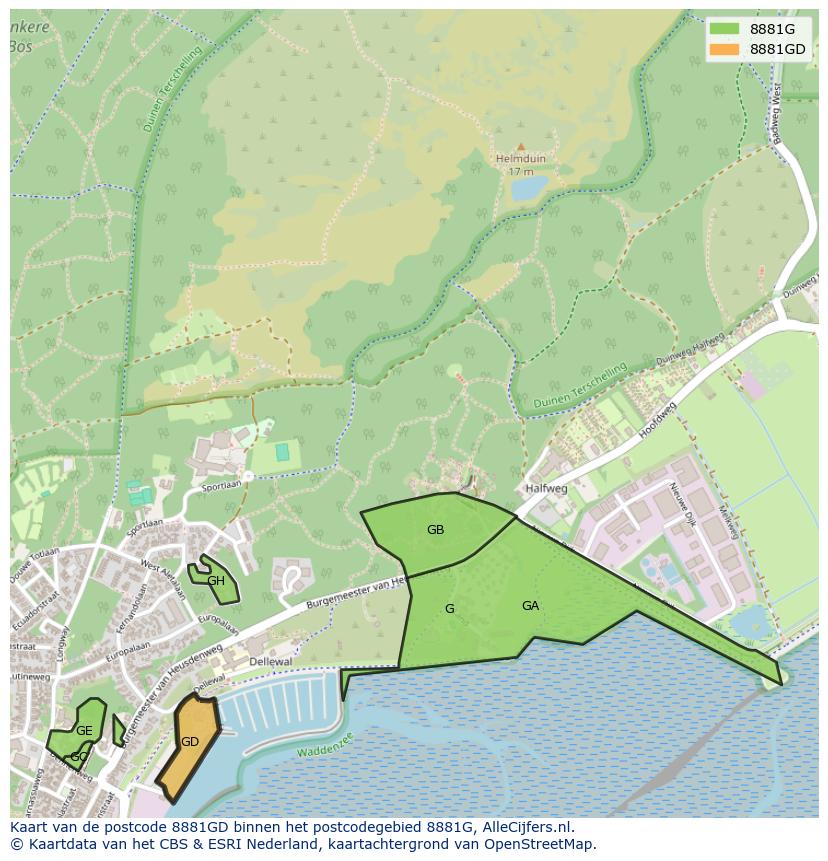 Afbeelding van het postcodegebied 8881 GD op de kaart.