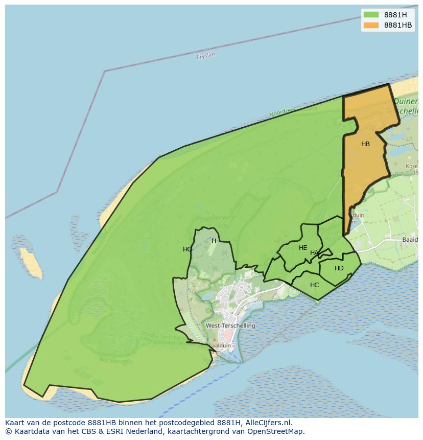 Afbeelding van het postcodegebied 8881 HB op de kaart.
