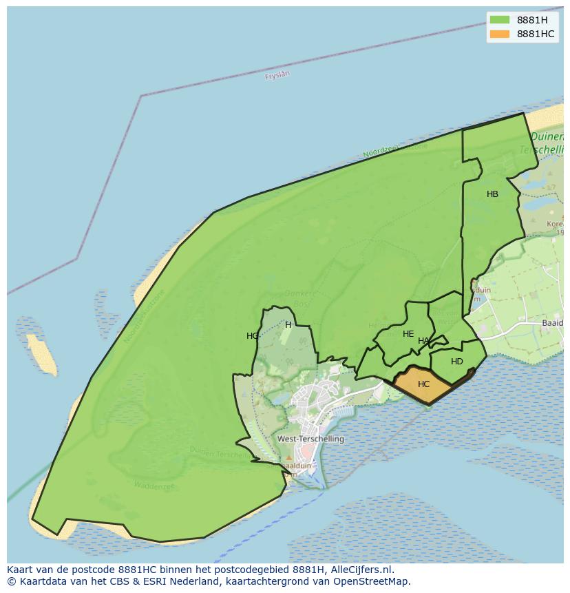 Afbeelding van het postcodegebied 8881 HC op de kaart.