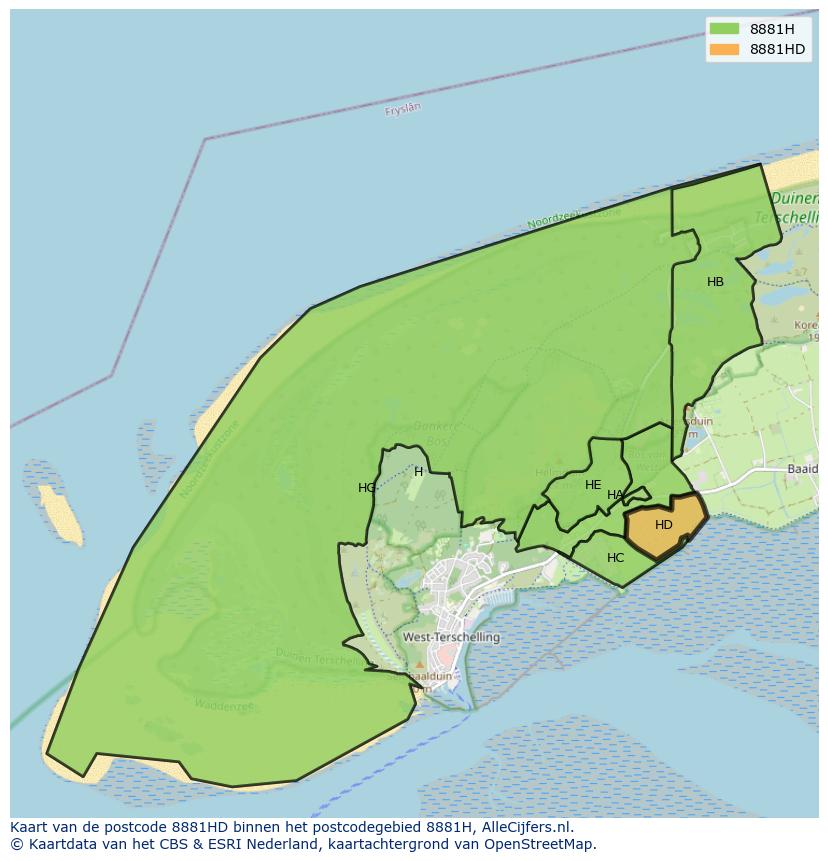 Afbeelding van het postcodegebied 8881 HD op de kaart.