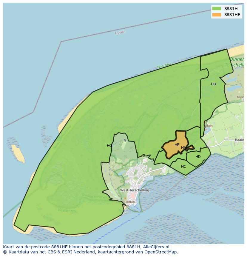 Afbeelding van het postcodegebied 8881 HE op de kaart.