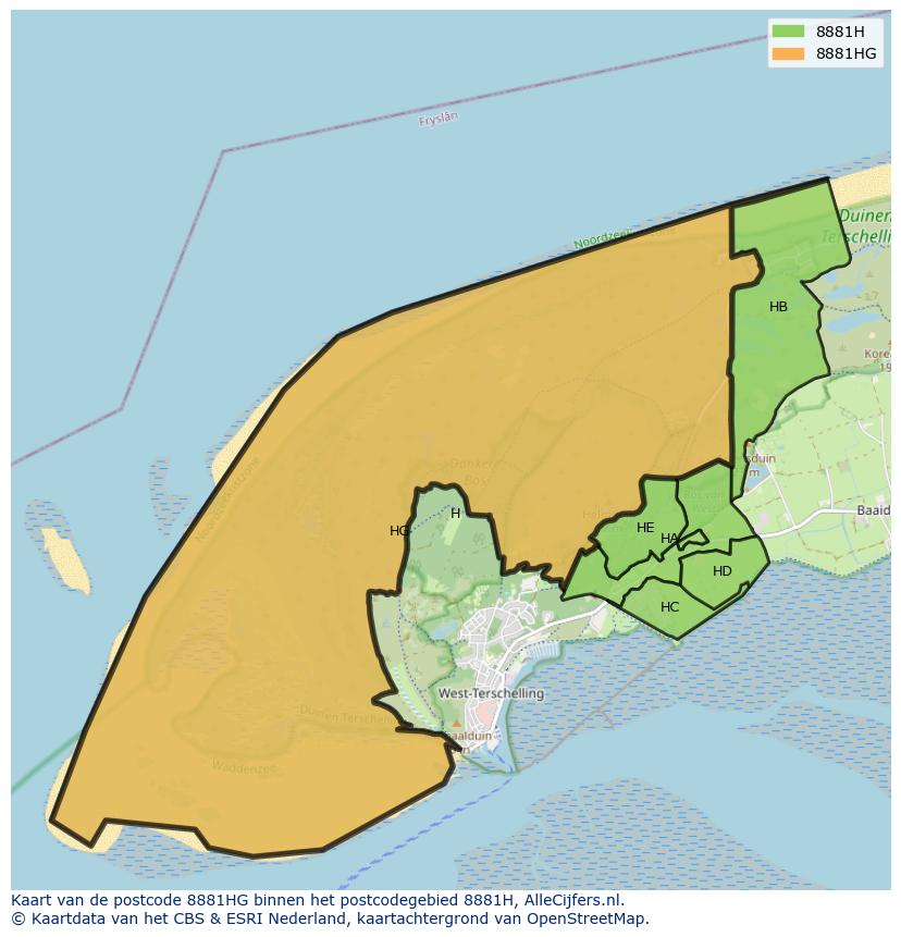 Afbeelding van het postcodegebied 8881 HG op de kaart.