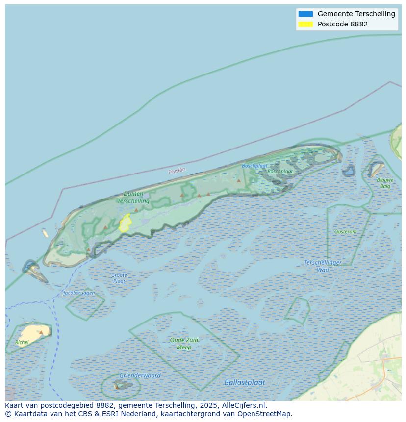 Afbeelding van het postcodegebied 8882 op de kaart.