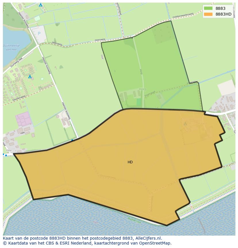 Afbeelding van het postcodegebied 8883 HD op de kaart.