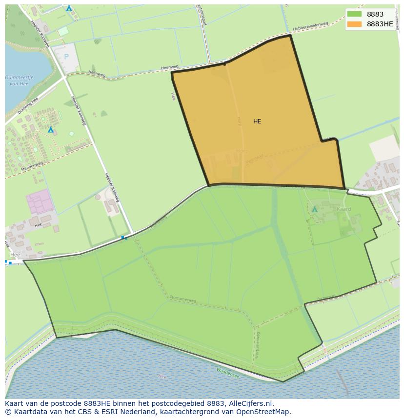 Afbeelding van het postcodegebied 8883 HE op de kaart.