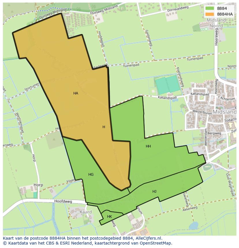 Afbeelding van het postcodegebied 8884 HA op de kaart.